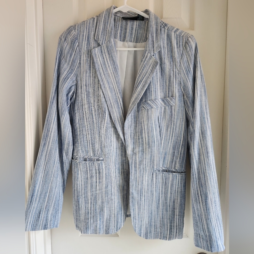 Cynthia Rowley Blue Striped Linen Blend Open Front Blazer Jacket Size Medium
